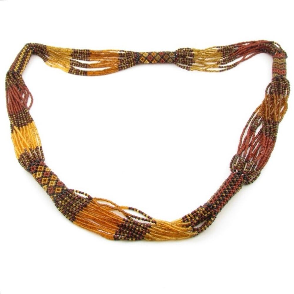 Handmade Boho Necklace Multi Strand Beaded Brown Orange Statement